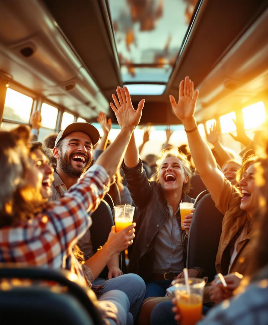 Grupo de viajeros disfrutando dentro del ómnibus de ZonaMar al atardecer